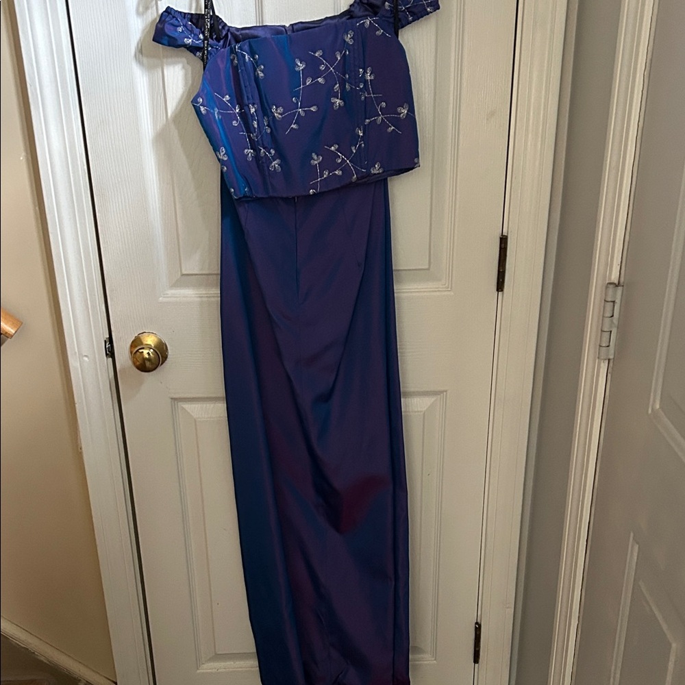 Gunne Sax Blue Floral Off-Shoulder Maxi Dress